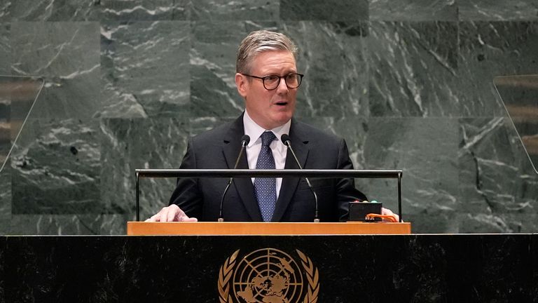 Sir Keir Starmer addresses the United Nations General Assembly. Pic: AP