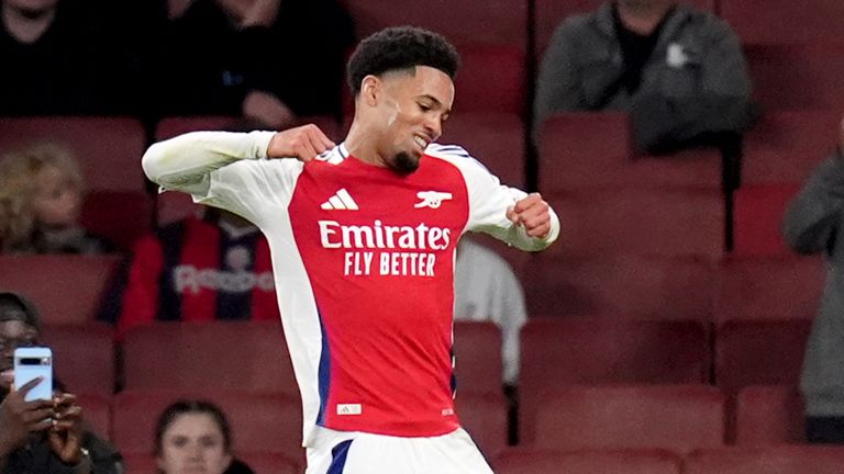 Ethan Nwaneri celebrates after his first Arsenal goal