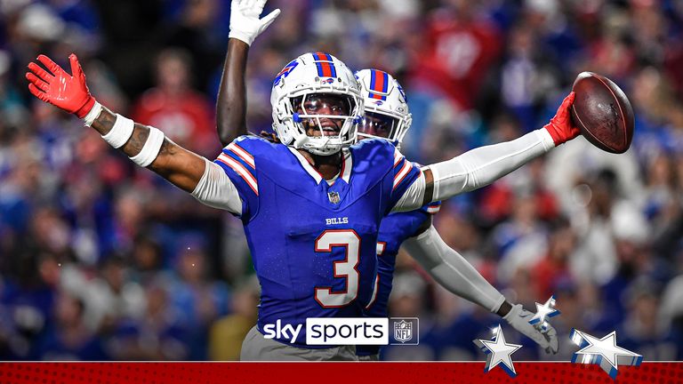 Buffalo Bills safety Damar Hamlin (3) celebrates after intercepting a pass during the first half of an NFL football game against the Jacksonville Jaguars, Monday, Sept. 23, 2024, in Orchard Park, NY. 