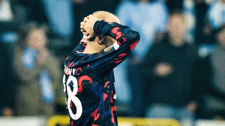 MALMO, SWEDEN - SEPTEMBER 26: Rangers' Vaclav Cerny rues a missed first half chance during a UEFA Europa League Matchday One League Phase match between Malmo FF and Rangers at the Eleda Stadion, on September 26, 2024, in Malmo, Sweden. (Photo by Alan Harvey / SNS Group)