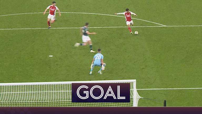 Ethan Nwaneri scores his second for Arsenal against Bolton in the Carabao Cup.