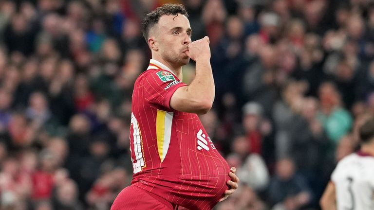 Liverpool's Diogo Jota celebrates after scoring his side's first goal during the Carabao Cup match against West Ham