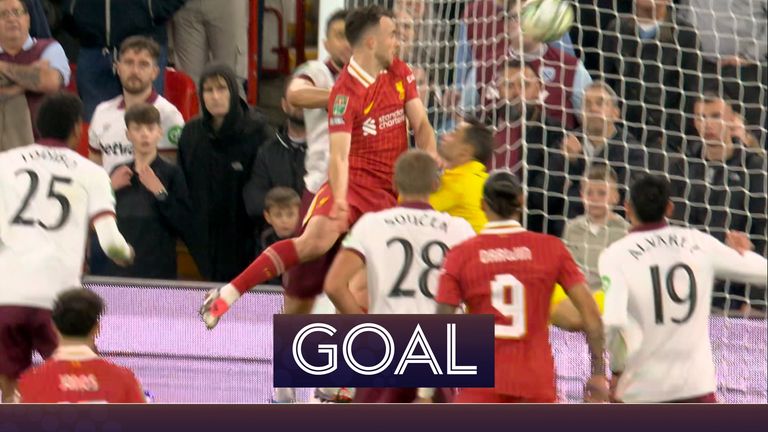 Diogo Jota scores to equalise for Liverpool against West Ham in the Carabao Cup