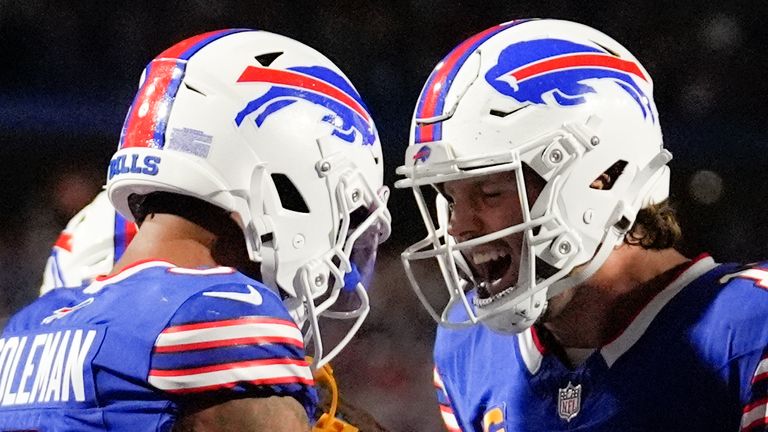 Buffalo Bills wide receiver Keon Coleman, left, celebrates with quarterback Josh Allen 