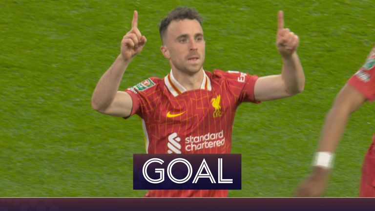 Jota scores his second for Liverpool in their Carabao Cup tie against West Ham.