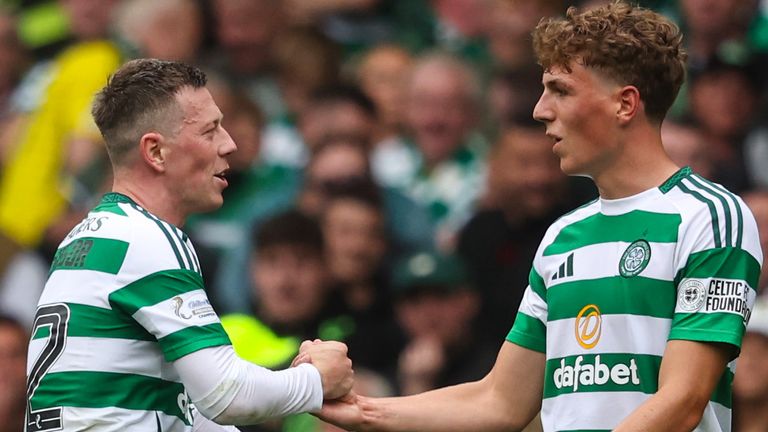 GLASGOW, SCOTLAND - SEPTEMBER 01: Celtic's Callum McGregor (L) and Arne Engels at full time during a William Hill Premiership match between Celtic and Rangers at Celtic Park, on September 01, 2024, in Glasgow, Scotland. (Photo by Ross MacDonald / SNS Group)