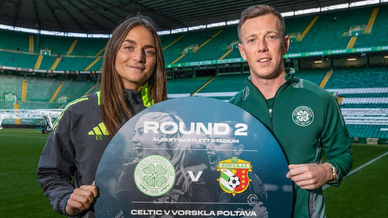 GLASGOW, SCOTLAND - SEPTEMBER 25: Celtic Women's head coach Elena Sadiku (L) and men's captain Callum McGregor promote tomorrow night's Women's Champions League qualifying decider against FC Vorskla Poltava, at Celtic Park, on September 25, 2024, in Glasgow, Scotland. (Photo by Craig Williamson / SNS Group)