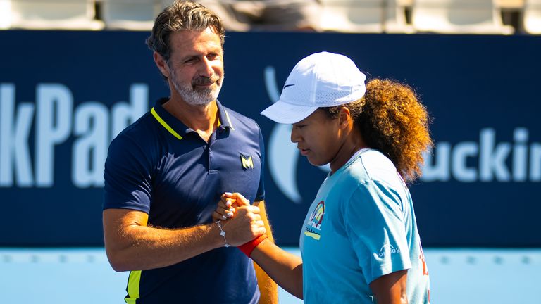 Patrick Mouratoglou talks to Naomi Osaka of Japan during pre-match practice ahead of the first round on Day 3 of the China Open at National Tennis Center on September 25, 2024 in Beijing, China (Photo by Robert Prange/Getty Images)